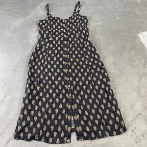 FatFace Dress Womens 12 Black Woodblock Corey Linen Button Smocked Back Pockets